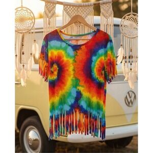 Rouge Collection Plus Size 4X Rainbow Tie Dye Fringe T-Shirt NWT *Runs Small*‎